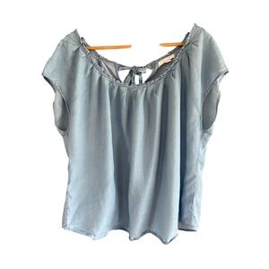 LC Lauren Conrad Womens XL Blue Lyocell Chambray Ruffle Tie Back Blouse Top